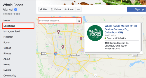 Dacă faceți clic pe fila Locații pe o pagină de Facebook, se afișează locații individuale pe o hartă. 
