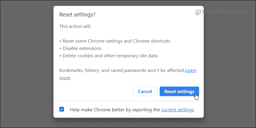 acțiunea de resetare a setărilor Chrome