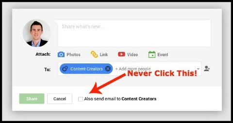 opțiunea de trimitere prin e-mail pe google + post