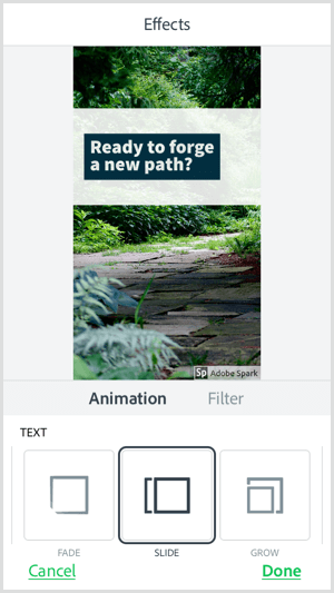 Selectați o opțiune de animație text cu aplicația mobilă Adobe Spark Post.