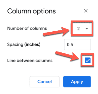 Alegerea opțiunilor de coloană în Google Docs