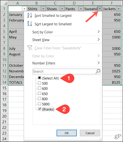 Filtrați rânduri goale în Excel