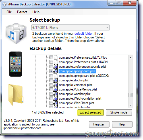 iPhone Backup Extractor selectează Apple springboard .plist