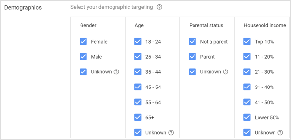 Setări demografice pentru campania Google AdWords.