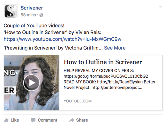 Scrivener partajează un videoclip YouTube pe care utilizatorii l-ar putea plăcea pe pagina sa de Facebook.