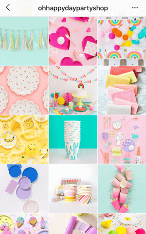 Cum să vă îmbunătățiți fotografiile de pe Instagram, eșantionul de teme pentru fluxul Instagram de la Oh Happy Day Party Shop, care prezintă o paletă de culori strălucitoare