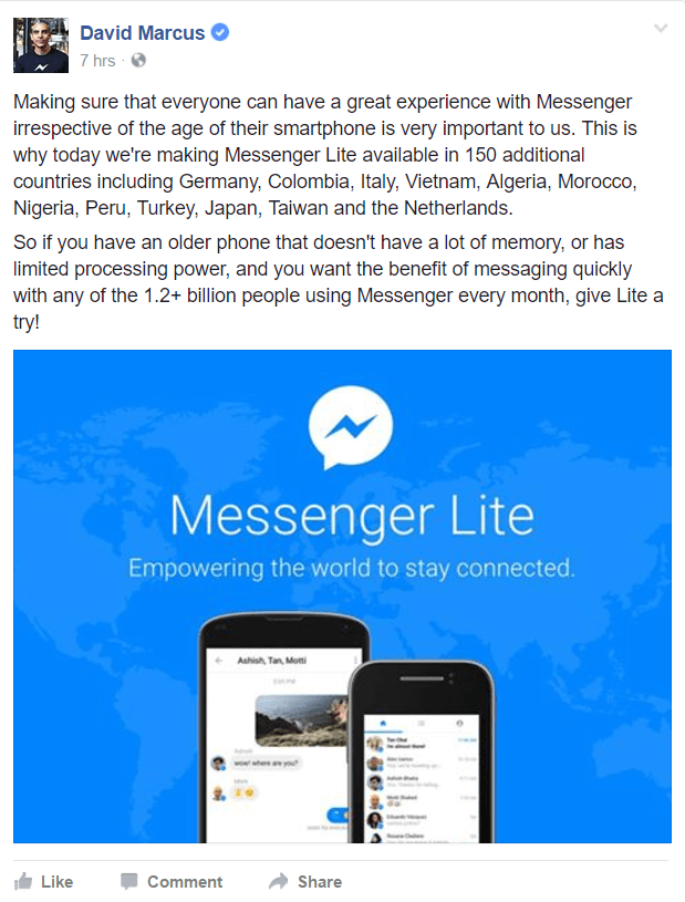 Facebook Messenger Lite este acum disponibil în mai multe țări din întreaga lume.
