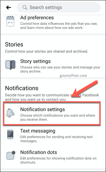 Opțiunea de setări pentru notificări mobile Facebook