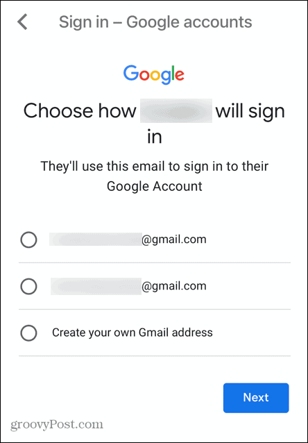nume de utilizator pentru contul de copil gmail