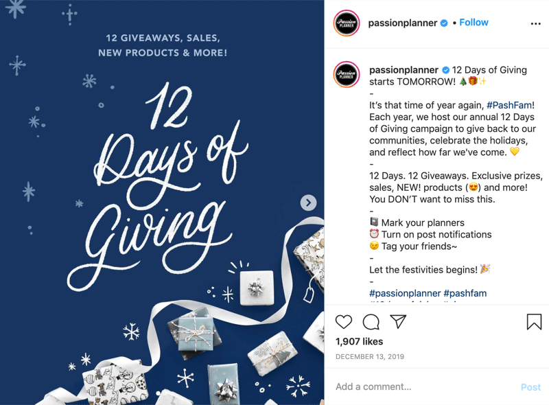exemplu de concurs de cadouri pe Instagram pentru cele 12 zile de oferire de la @passionplanner care anunță că cadoul de oferte începe a doua zi