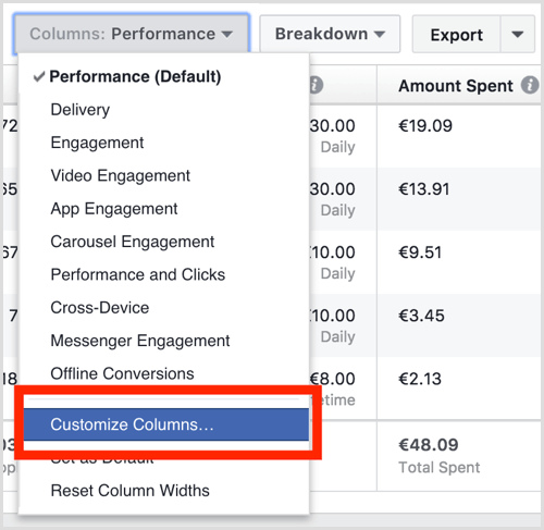 Managerul de reclame Facebook personalizează coloanele