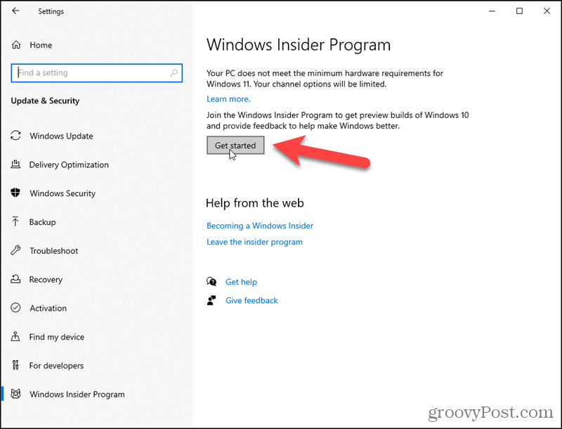 Faceți clic pe Începeți pentru programul Windows Insider
