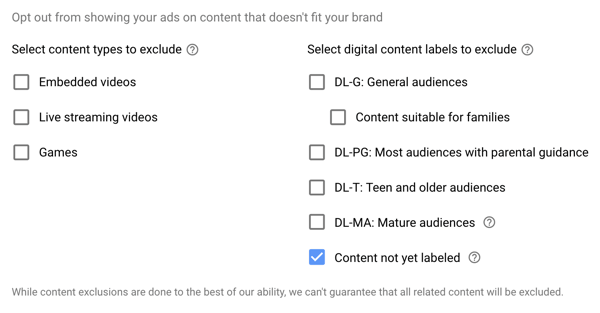 Cum să configurați o campanie publicitară YouTube, pasul 15, să setați tipurile excluse și opțiunile de etichetare