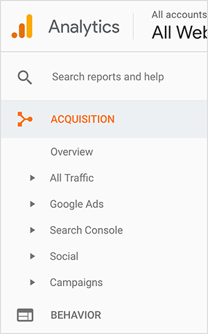 Aceasta este o captură de ecran a barei laterale Google Analytics. Logo-ul apare în stânga sus. Este un punct portocaliu lângă o bară portocalie și apoi o bară galbenă mai înaltă, sugerând un grafic cu bare. De sus în jos în bara laterală sunt următoarele opțiuni: o casetă etichetată „Căutați rapoarte și ajutor”, Achiziție (care apare în portocaliu) și opțiunile sale. Subopțiunile sunt Prezentare generală, Tot trafic, Google Ads, Search Console, Social și Campanii. Lângă fiecare subopțiune apare un mic triunghi, sugerând că puteți vedea opțiuni suplimentare făcând clic pe triunghi. Ultima opțiune de nivel principal afișată este Comportament. Jennifer Priest folosește Google Analytics pentru a vedea care pini îi trimit cel mai mult trafic și pentru a evalua ce hashtag-uri, imagini și plăci funcționează bine pentru traficul pe site-ul ei.
