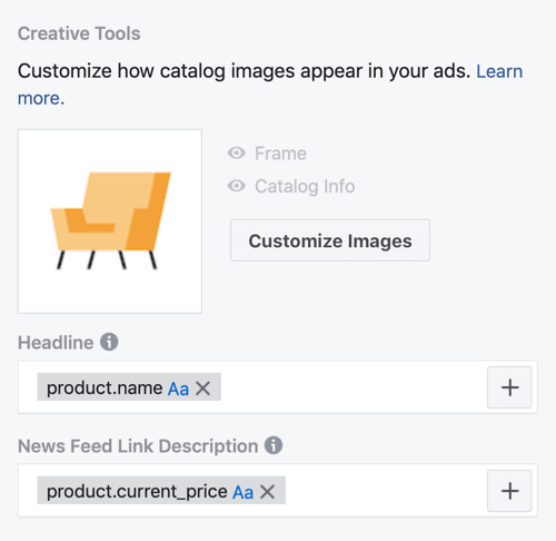 Utilizați Instrumentul de configurare a evenimentelor Facebook, pasul 30, opțiunile din meniu pentru a personaliza modul în care imaginile din catalog apar în anunțurile Facebook