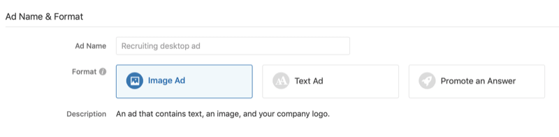 numele și formatul anunțului pentru campania publicitară Quora