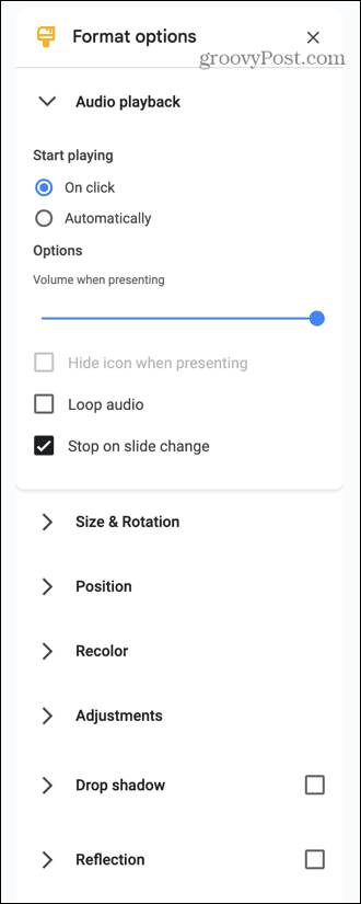 opțiuni audio pentru diapozitive Google