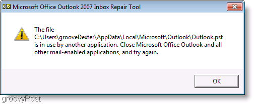 Captura de ecran - Fereastra de mesaje de reparare a ScanPST Outlook 2007