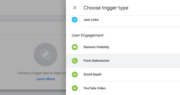 Utilizați Google Tag Manager cu Facebook, pasul 19, opțiunile din meniu pentru a alege tipul de declanșare în Google Tag Manager