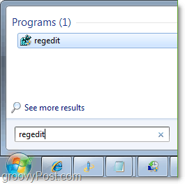 accesați regedit în Windows 7 din meniul de pornire