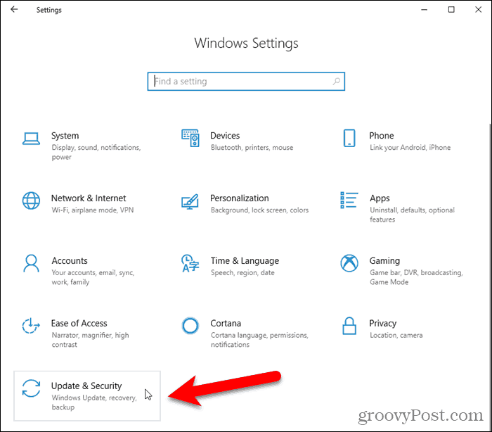 Faceți clic pe Actualizare și securitate în setările Windows 10