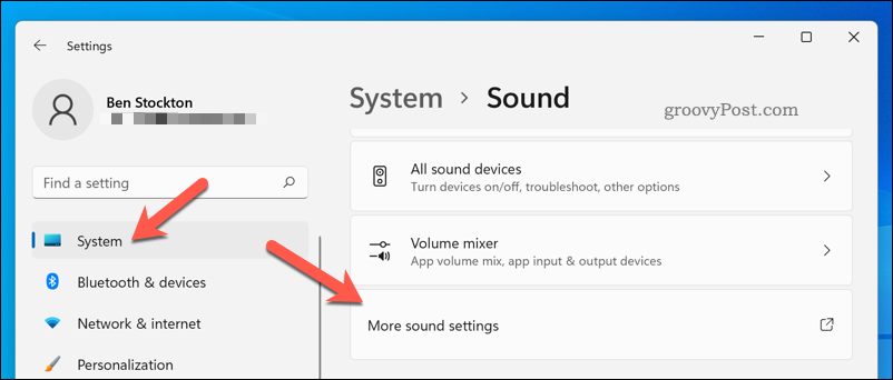 Deschiderea meniului Mai multe setări de sunet pe Windows 11
