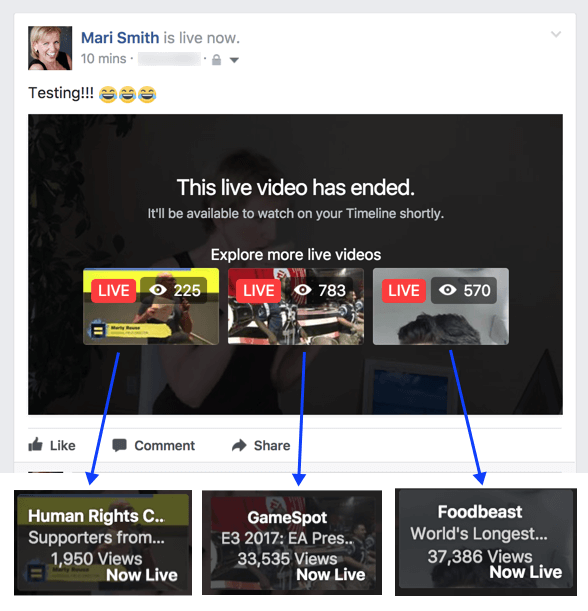 Facebook pare să experimenteze o nouă funcție care sugerează videoclipuri live asociate după încheierea difuzării.