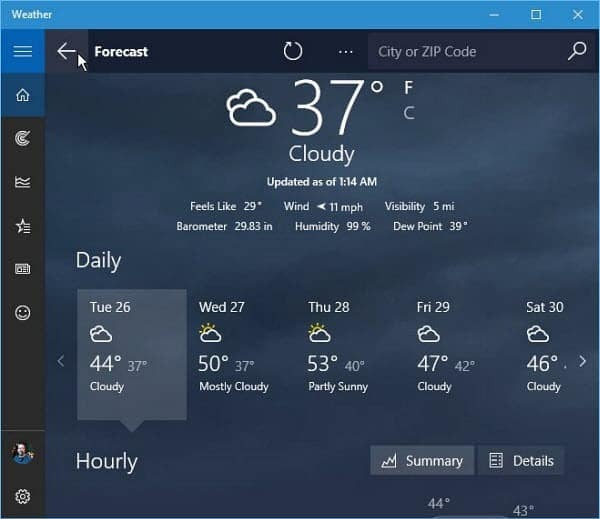 Windows 10 Prognoză pentru aplicațiile meteo