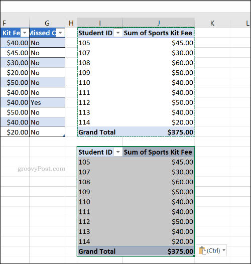Un tabel pivot duplicat în Microsoft Excel