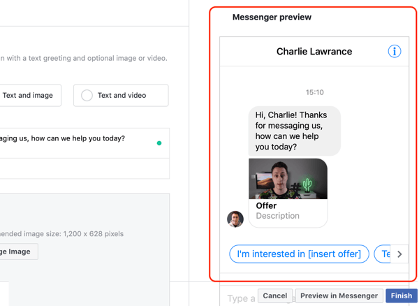 Cum să vizați clienții potențiali calzi cu anunțurile Facebook Messenger, pasul 14, previzualizarea șablonului personalizat pentru destinația Messenger