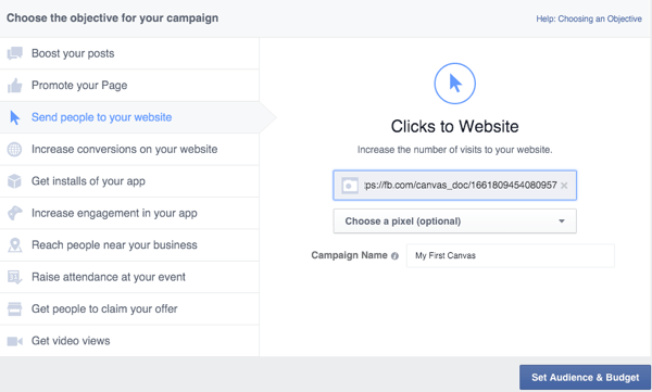 anunț pe pânză facebook configurat în managerul de anunțuri