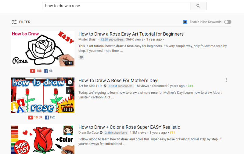 exemplu de videoclipuri YouTube de top în rezultatele căutării YouTube pentru „cum să desenezi un trandafir”