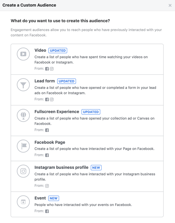 Opțiuni pentru ce doriți să utilizați pentru a crea acest public pentru publicul dvs. personalizat de pe Facebook.