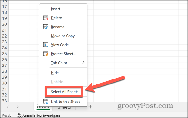 excel selectează toate foile