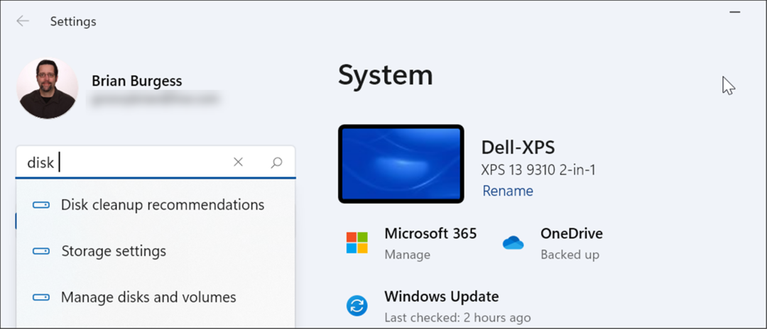 setări de căutare de gestionare a discului pe Windows 11