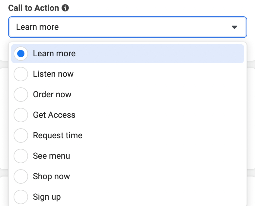 imagine cu opțiunile butonului de îndemn la acțiune din Meta Ads Manager