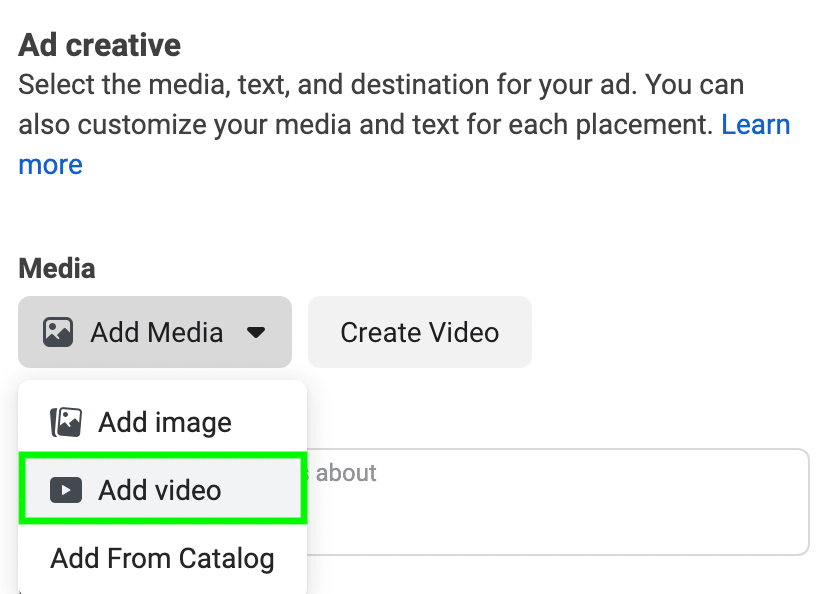 imaginea opțiunii Adăugați un videoclip în timpul configurării reclamelor Instagram