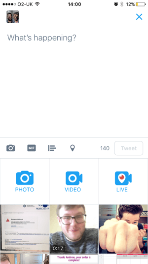Compuneți un tweet nou și atingeți pictograma Live.