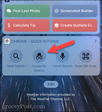 Atingeți Căutare incognito pe widgetul Chrome pe iOS