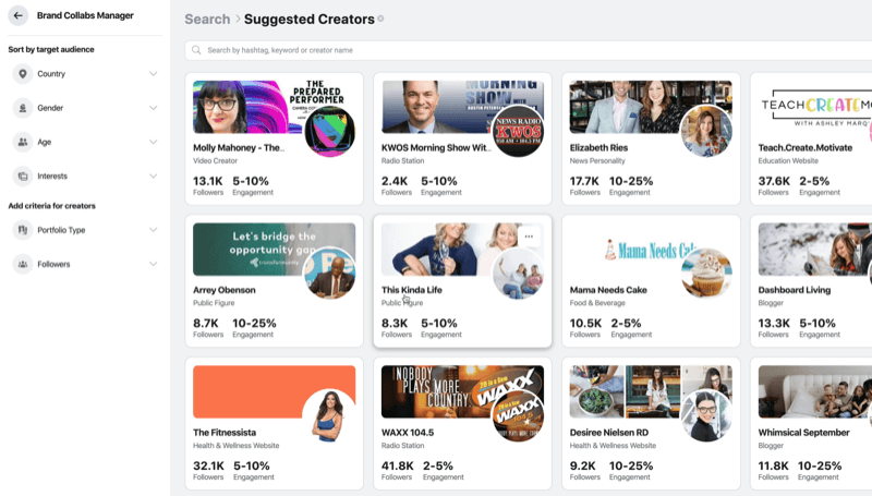 căutați potențiali creatori de conținut în Brand Collabs Manager
