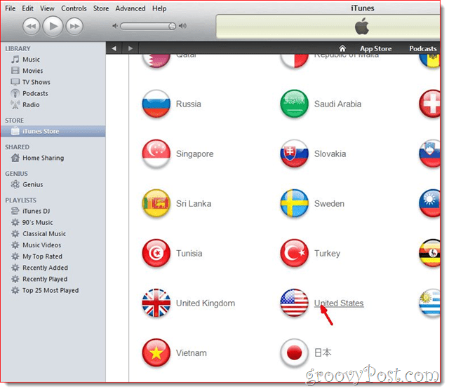 iTunes - Faceți clic pe Steagul statelor Unite