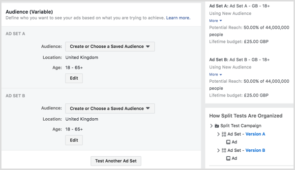 Împărțiți testul care difuzează anunțurile dvs. Facebook către două sau mai multe segmente de public.