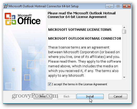 Outlook.com Conector Hotmail Outlook - Faceți clic pe Instalare