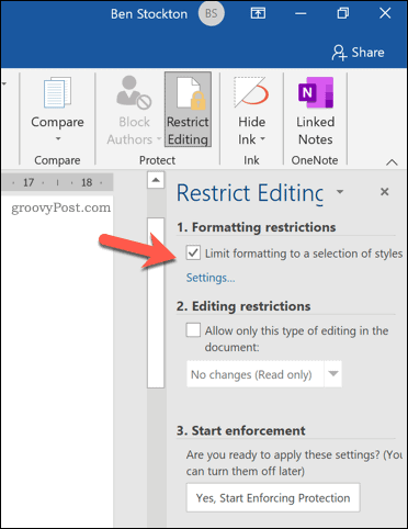 Opțiunea de restricționare a formatării în Microsoft Word