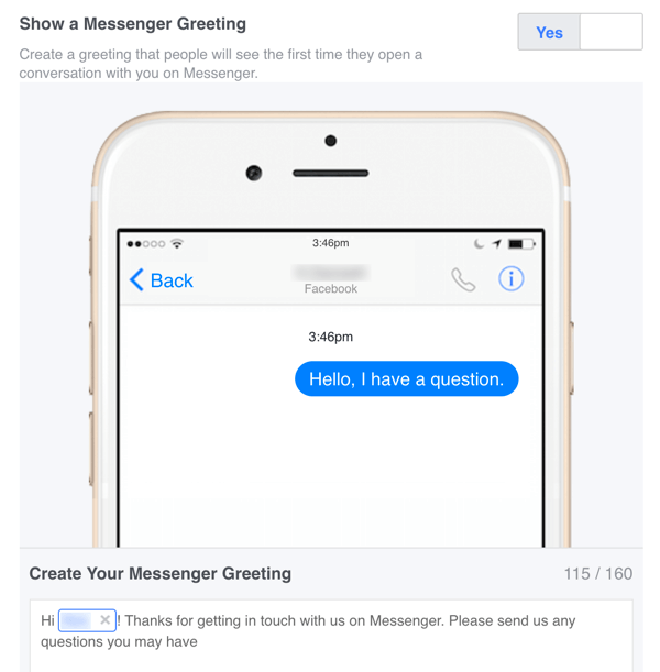 Puteți configura un mesaj de întâmpinare personalizat pentru Facebook Messenger în Setări.