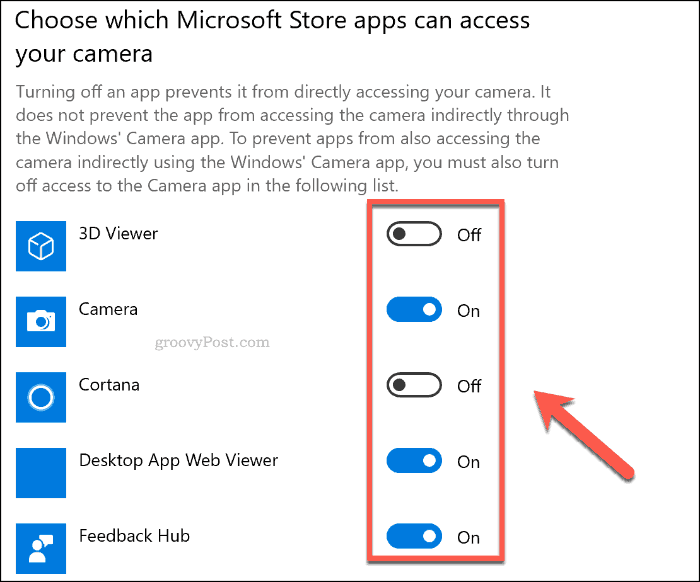 O listă de aplicații UWP cu acces la cameră pe Windows 10
