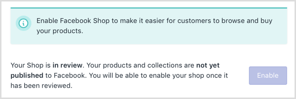 Shopify afișează un mesaj online că magazinul dvs. Facebook este în curs de examinare.