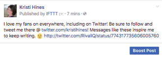 Așa arată un tweet apreciat atunci când este distribuit pe pagina dvs. de Facebook prin IFTTT.