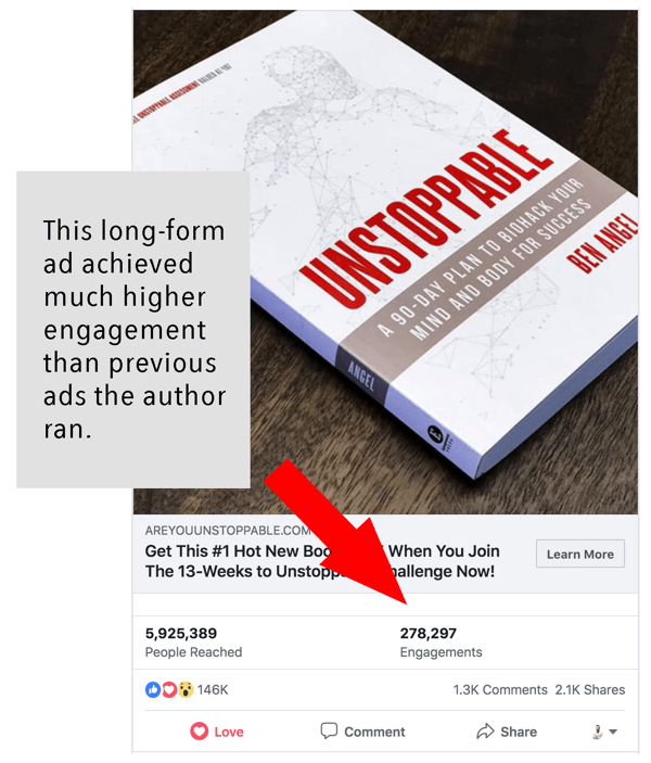 Cum să scrieți și să structurați postări sponsorizate pe Facebook de formă mai lungă, de exemplu, de AreYouUnstoppable.com, cu informații despre angajament