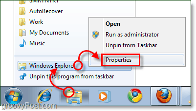ajustați proprietățile comenzii rapide a barei de activități Windows Explorer